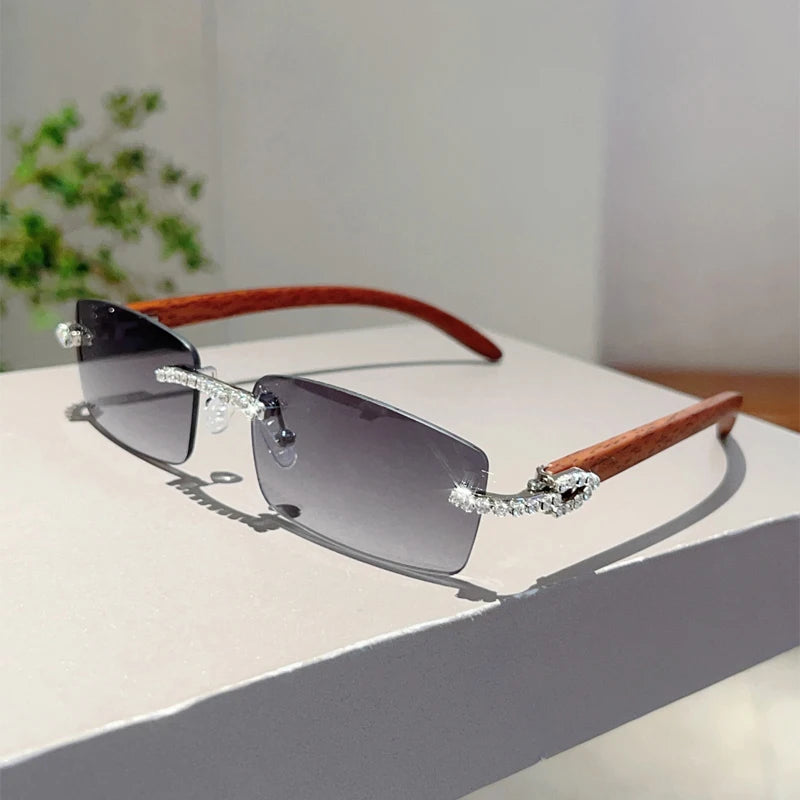 KAMMPT Stylish Rimless Metal Pink Shades Women's New Fashion Korean Style Sweet Sunglasses Chic Crystal Shiny Travel Sun Glasses