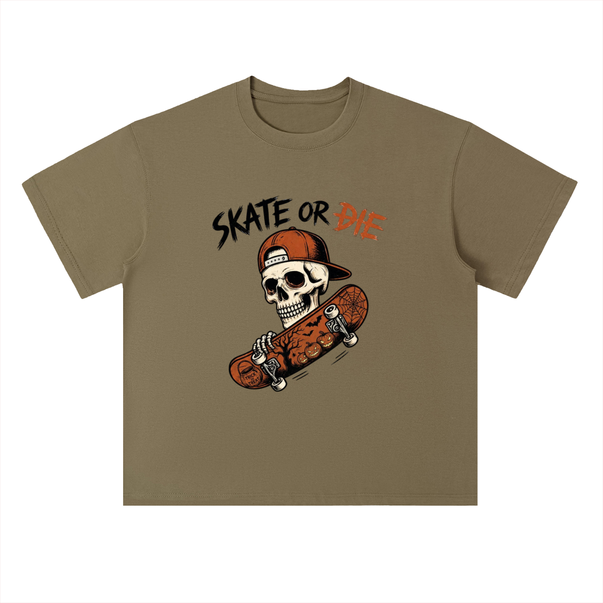 Skate or Die Skeleton Skateboarding Graphic Drop Shoulder Tee
