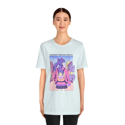 Roaming Through The City Anime Girl Tee — Vaporwave Cityscape Shirt