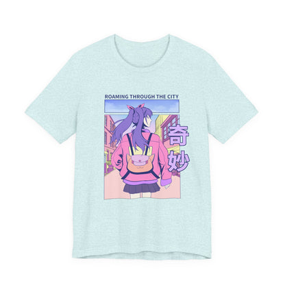 Roaming Through The City Anime Girl Tee — Vaporwave Cityscape Shirt