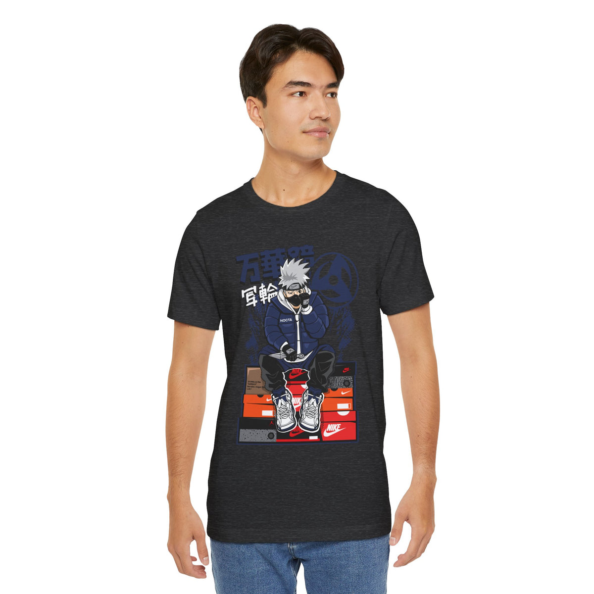 Anime Sneakerhead Tee — Sitting Character on Shoe Boxes with Japanese Text