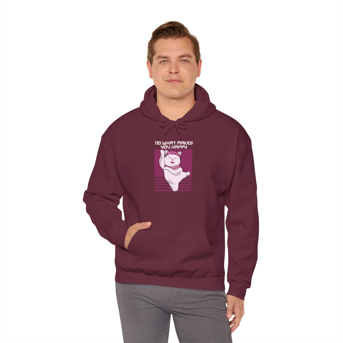 Hoodie — Retro Pink Cat 'Do What Makes You Happy' Graphic Sweatshirt