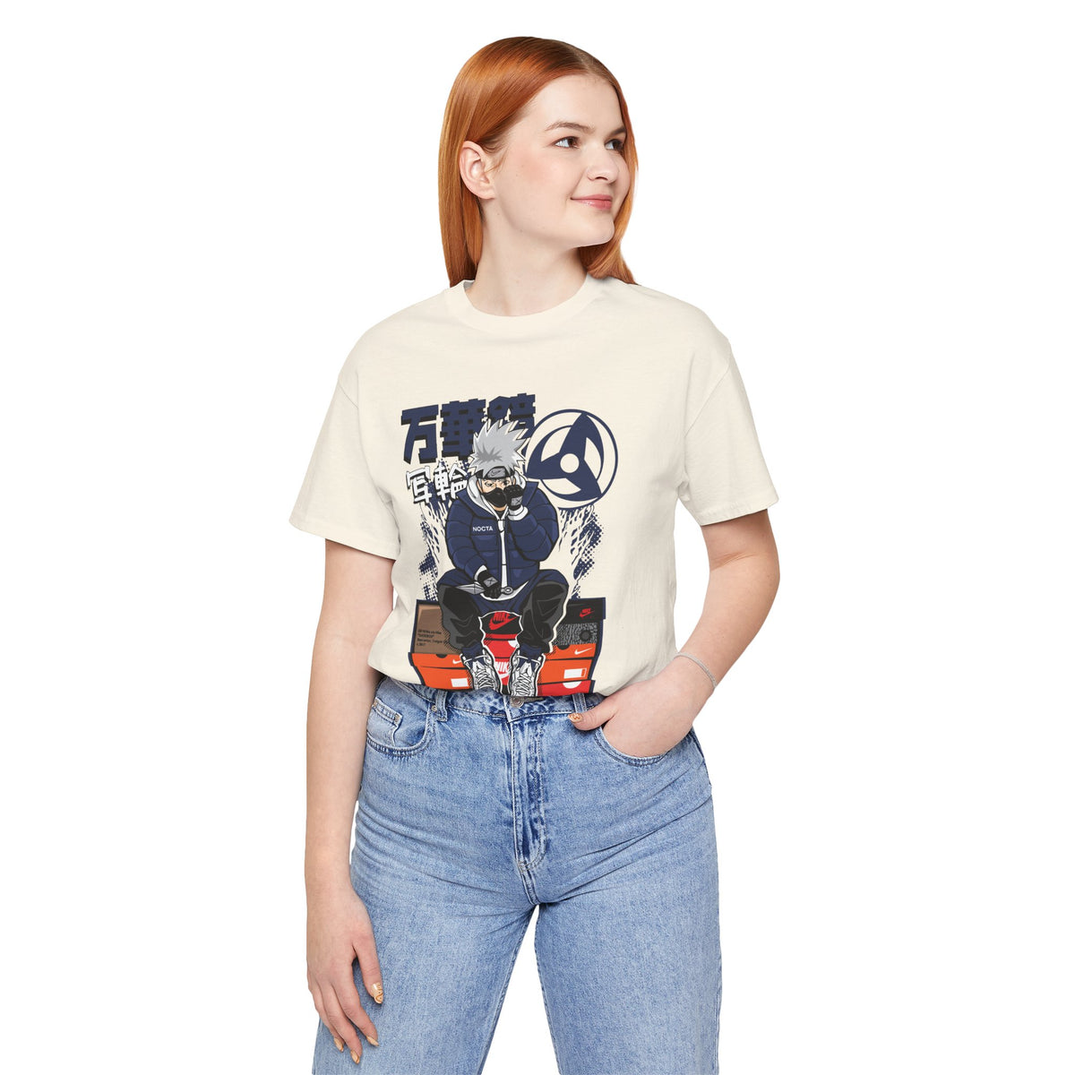 Anime Sneakerhead Tee — Sitting Character on Shoe Boxes with Japanese Text