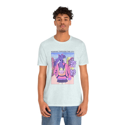 Roaming Through The City Anime Girl Tee — Vaporwave Cityscape Shirt