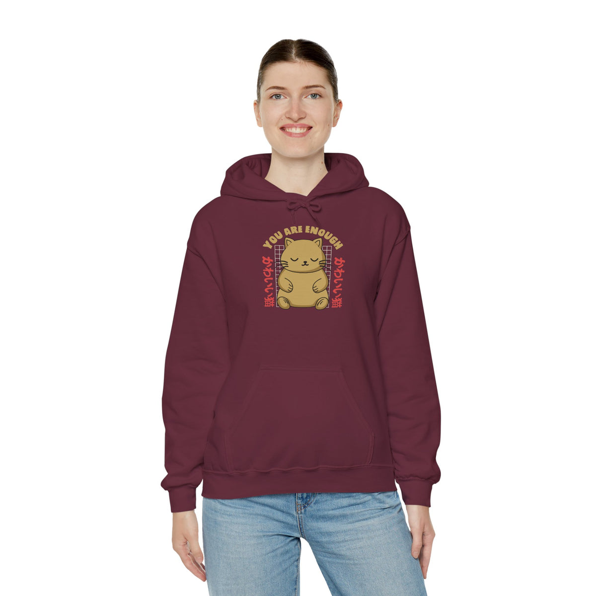 Hoodie — Cute 'You Are Enough' Kawaii Cat Comfort Hoodie