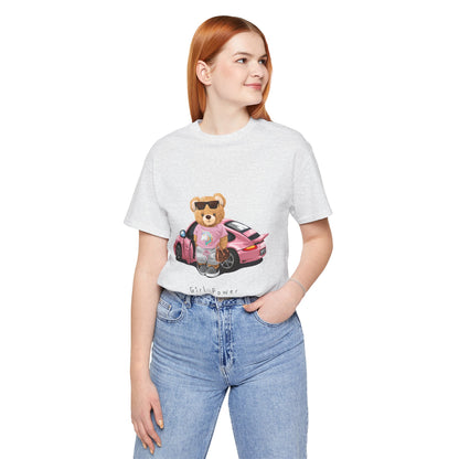 Girl Power Bear Tee — Cute Pink Car Teddy Graphic T-Shirt