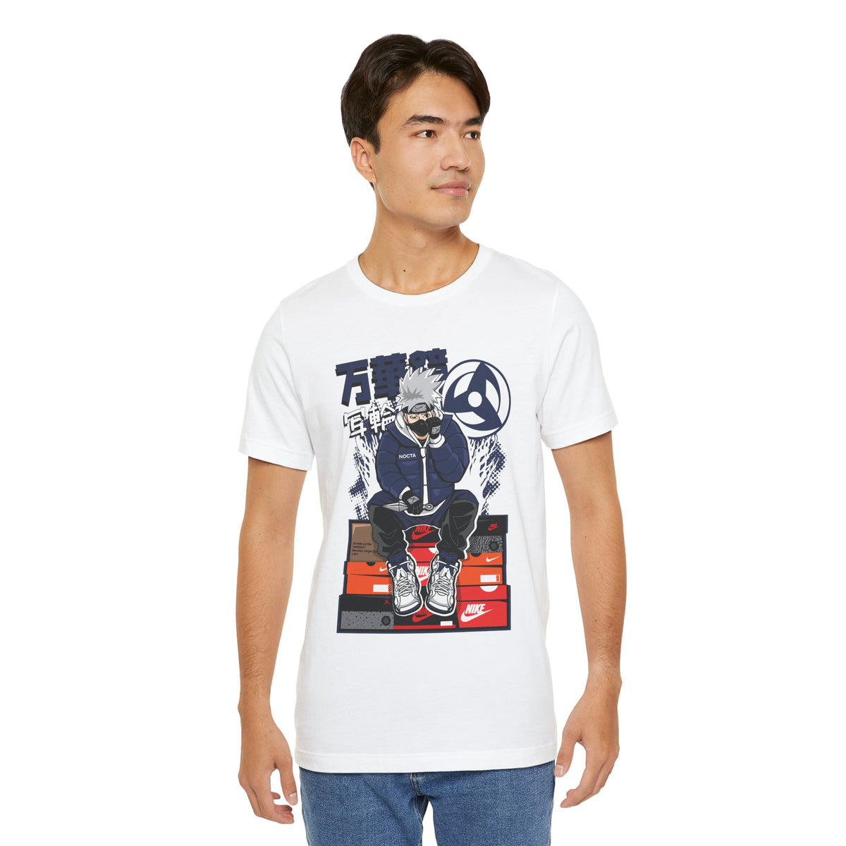 Anime Sneakerhead Tee — Sitting Character on Shoe Boxes with Japanese Text