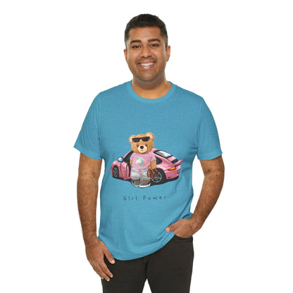 Girl Power Bear Tee — Cute Pink Car Teddy Graphic T-Shirt