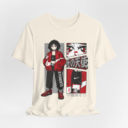 Anime Streetwear Tee — Red-Jacket Angel Graphic