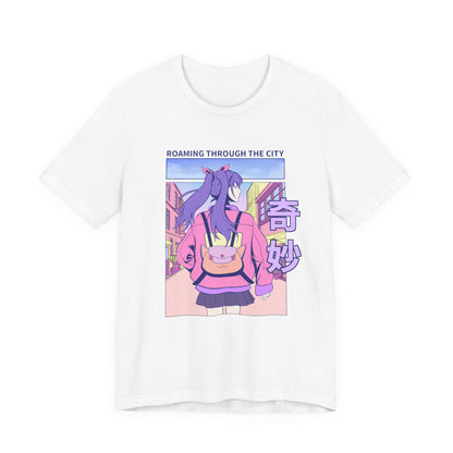 Roaming Through The City Anime Girl Tee — Vaporwave Cityscape Shirt