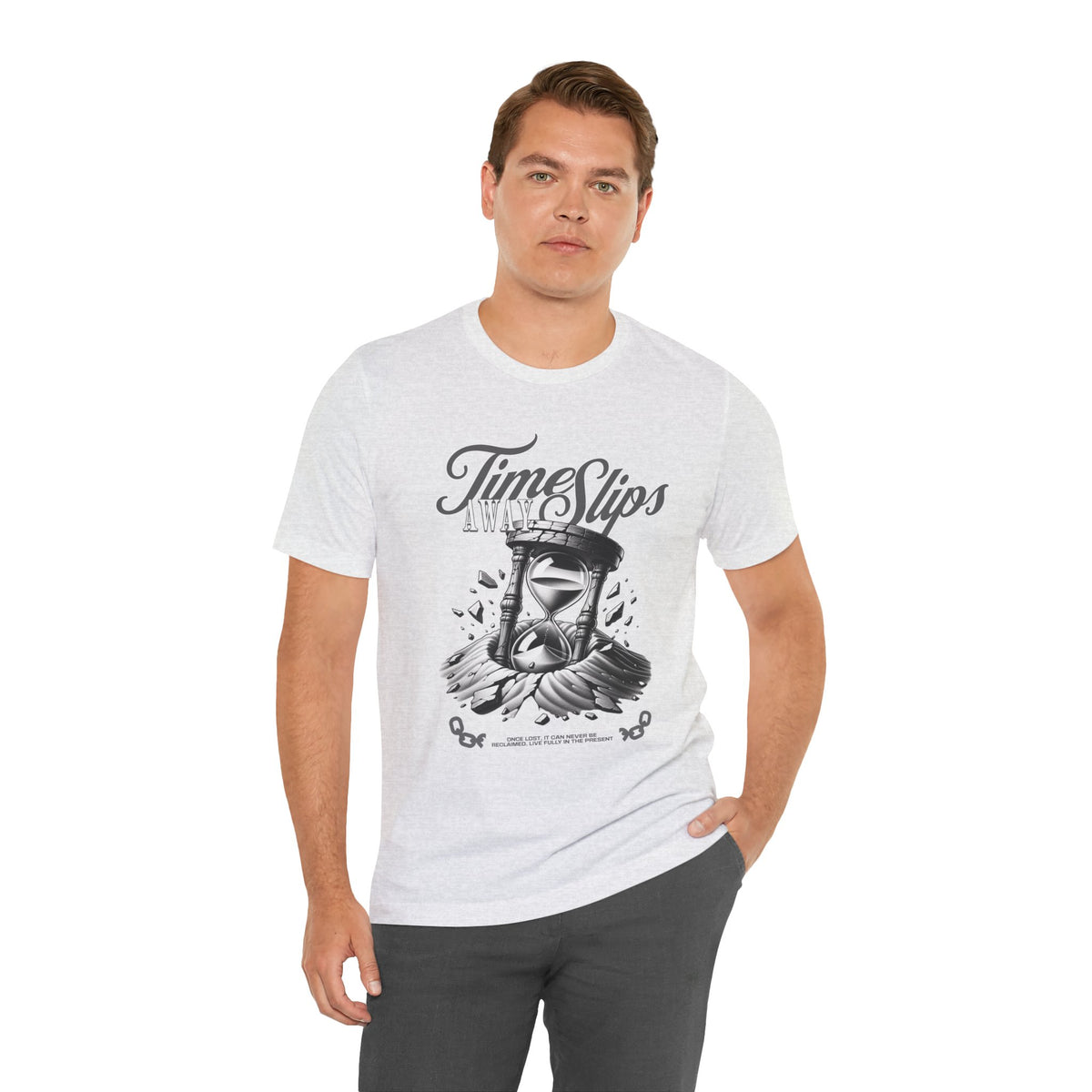 Time Slips Hourglass T‑Shirt — Vintage Black & White Graphic Tee