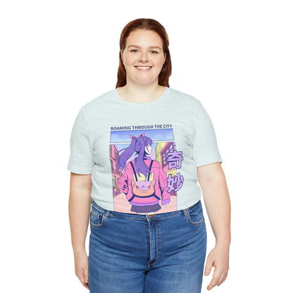 Roaming Through The City Anime Girl Tee — Vaporwave Cityscape Shirt