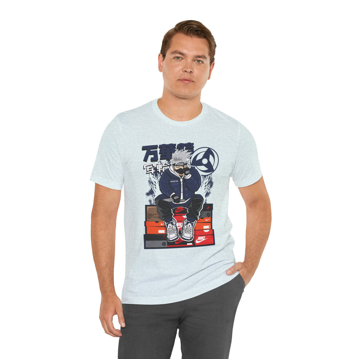 Anime Sneakerhead Tee — Sitting Character on Shoe Boxes with Japanese Text