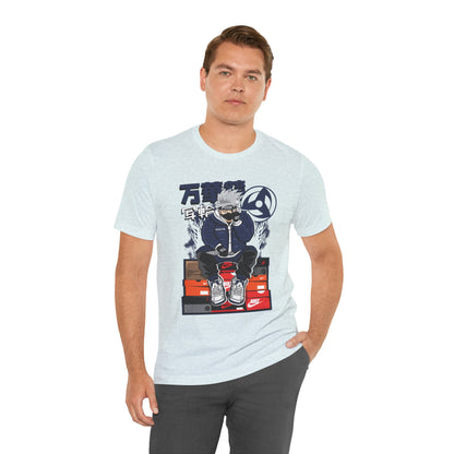 Anime Sneakerhead Tee — Sitting Character on Shoe Boxes with Japanese Text
