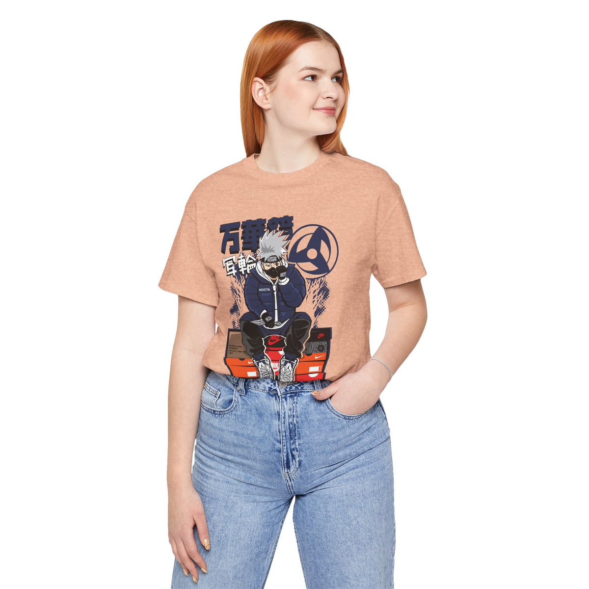 Anime Sneakerhead Tee — Sitting Character on Shoe Boxes with Japanese Text