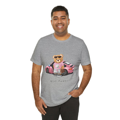 Girl Power Bear Tee — Cute Pink Car Teddy Graphic T-Shirt