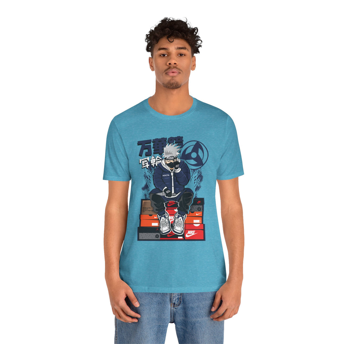 Anime Sneakerhead Tee — Sitting Character on Shoe Boxes with Japanese Text