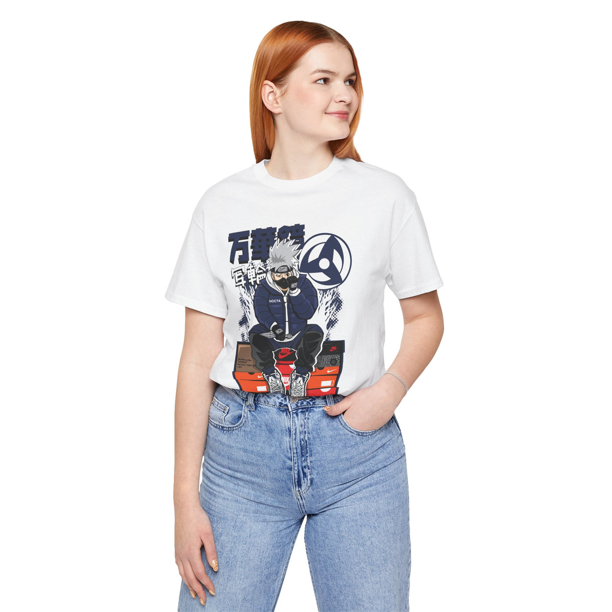 Anime Sneakerhead Tee — Sitting Character on Shoe Boxes with Japanese Text