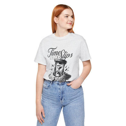 Time Slips Hourglass T‑Shirt — Vintage Black & White Graphic Tee