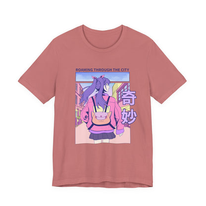 Roaming Through The City Anime Girl Tee — Vaporwave Cityscape Shirt