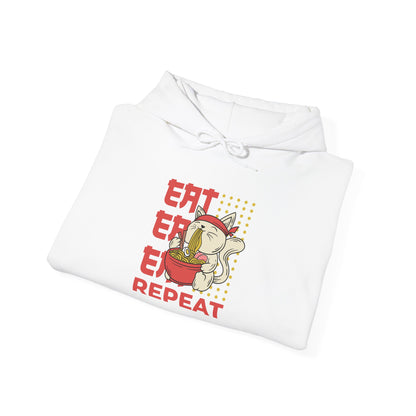 Eat Eat Eat Repeat Hoodie — Cute Cat Eating Ramen Graphic Sweatshirt