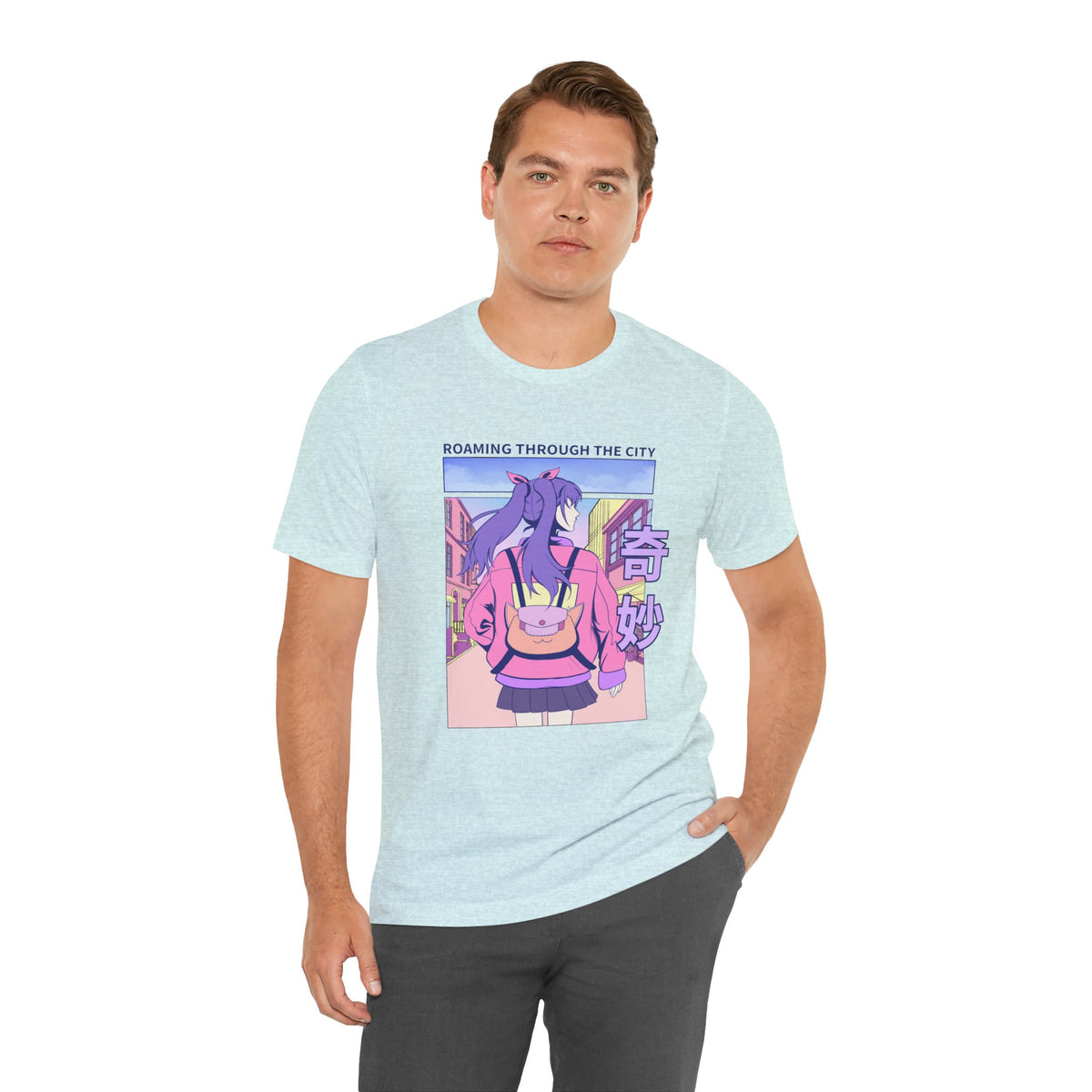 Roaming Through The City Anime Girl Tee — Vaporwave Cityscape Shirt