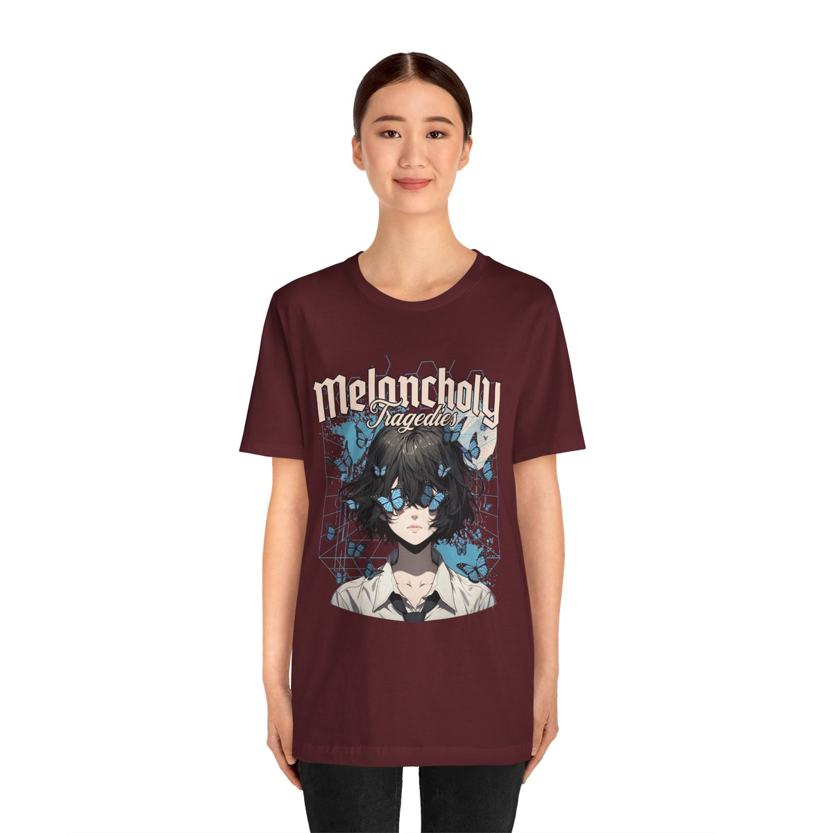 Melancholy Tragedia Anime Tee — Blue Butterflies Graphic T-Shirt