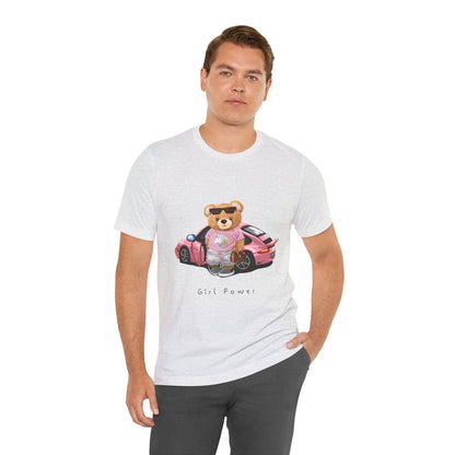 Girl Power Bear Tee — Cute Pink Car Teddy Graphic T-Shirt