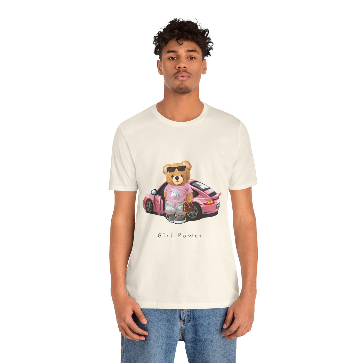 Girl Power Bear Tee — Cute Pink Car Teddy Graphic T-Shirt