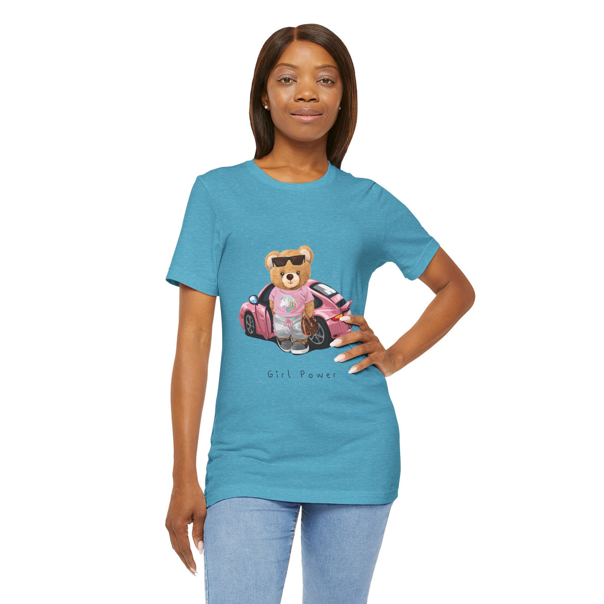 Girl Power Bear Tee — Cute Pink Car Teddy Graphic T-Shirt