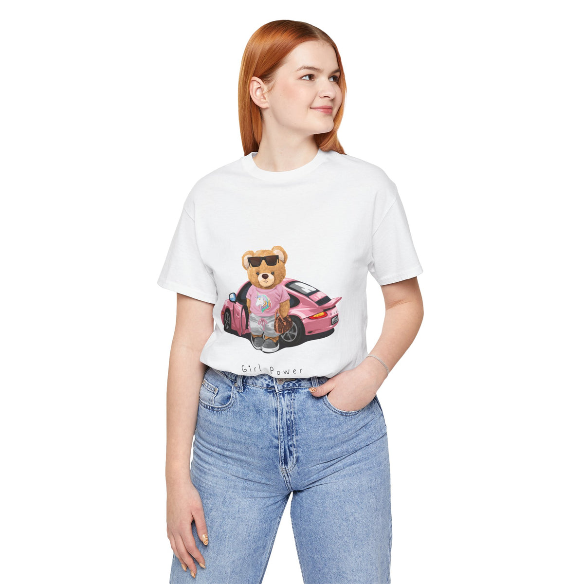 Girl Power Bear Tee — Cute Pink Car Teddy Graphic T-Shirt