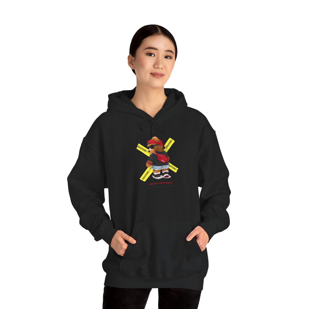 Hockey Bear Graphic Hoodie — 'Never Give Up' Cozy Skate Sweatshirt