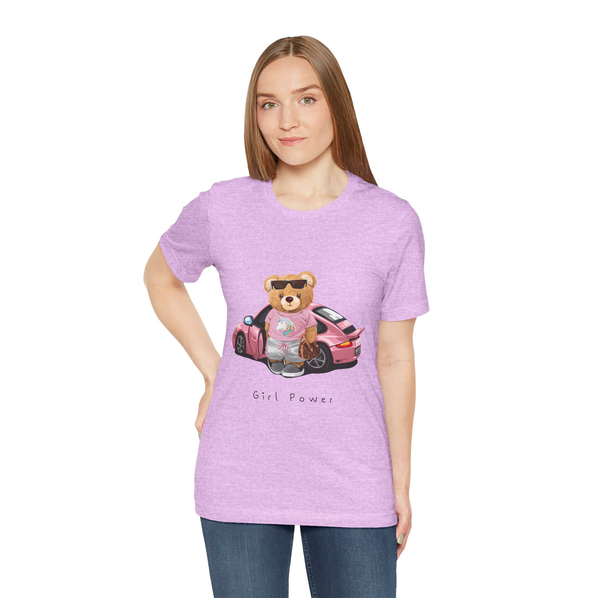 Girl Power Bear Tee — Cute Pink Car Teddy Graphic T-Shirt