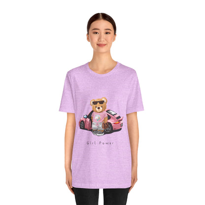 Girl Power Bear Tee — Cute Pink Car Teddy Graphic T-Shirt