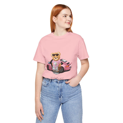 Girl Power Bear Tee — Cute Pink Car Teddy Graphic T-Shirt