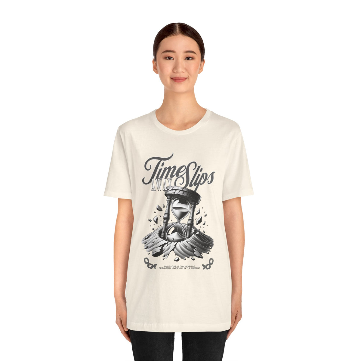 Time Slips Hourglass T‑Shirt — Vintage Black & White Graphic Tee