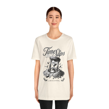 Time Slips Hourglass T‑Shirt — Vintage Black & White Graphic Tee