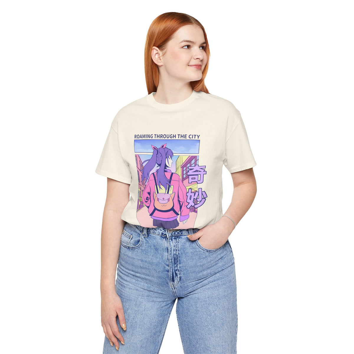 Roaming Through The City Anime Girl Tee — Vaporwave Cityscape Shirt