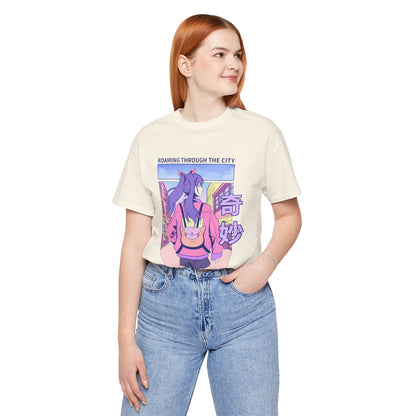 Roaming Through The City Anime Girl Tee — Vaporwave Cityscape Shirt