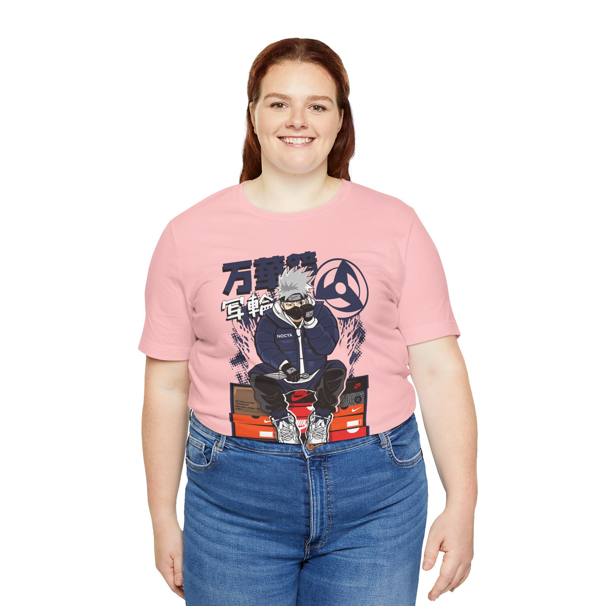 Anime Sneakerhead Tee — Sitting Character on Shoe Boxes with Japanese Text