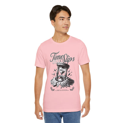 Time Slips Hourglass T‑Shirt — Vintage Black & White Graphic Tee