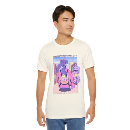 Roaming Through The City Anime Girl Tee — Vaporwave Cityscape Shirt