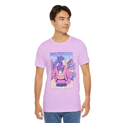 Roaming Through The City Anime Girl Tee — Vaporwave Cityscape Shirt