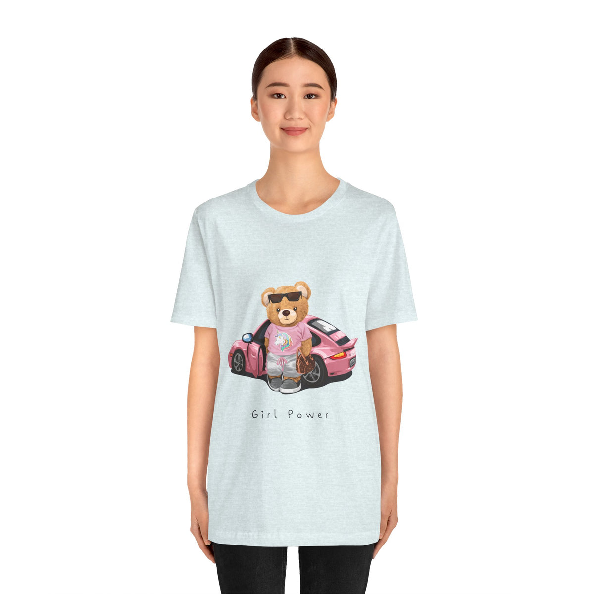 Girl Power Bear Tee — Cute Pink Car Teddy Graphic T-Shirt