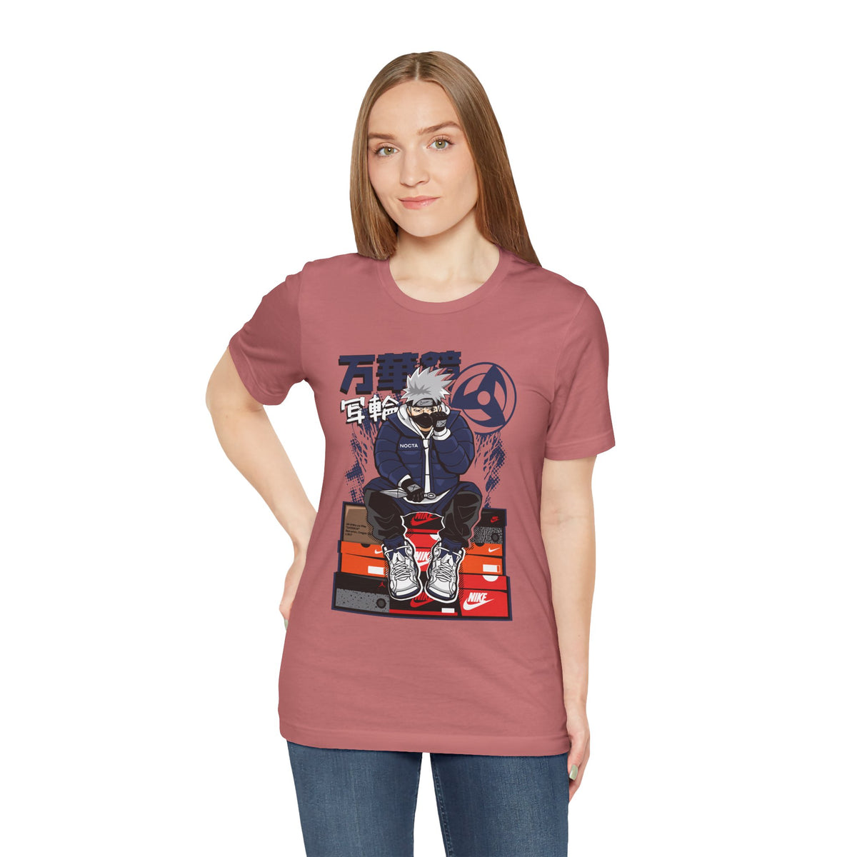 Anime Sneakerhead Tee — Sitting Character on Shoe Boxes with Japanese Text