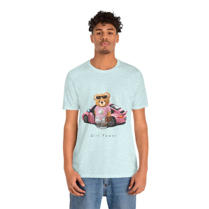 Girl Power Bear Tee — Cute Pink Car Teddy Graphic T-Shirt