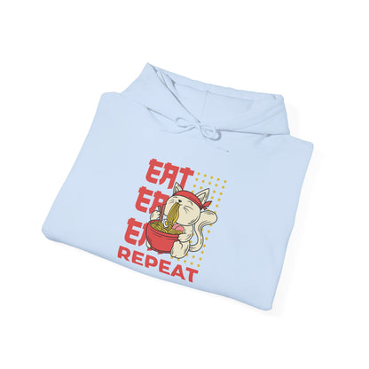 Eat Eat Eat Repeat Hoodie — Cute Cat Eating Ramen Graphic Sweatshirt