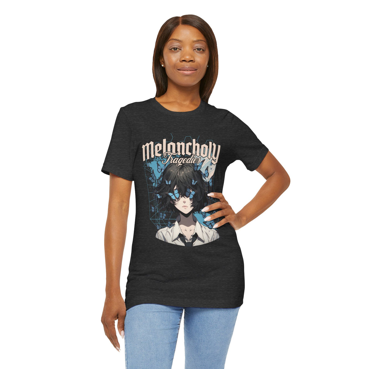 Melancholy Tragedia Anime Tee — Blue Butterflies Graphic T-Shirt