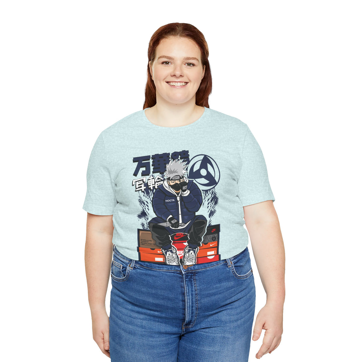 Anime Sneakerhead Tee — Sitting Character on Shoe Boxes with Japanese Text