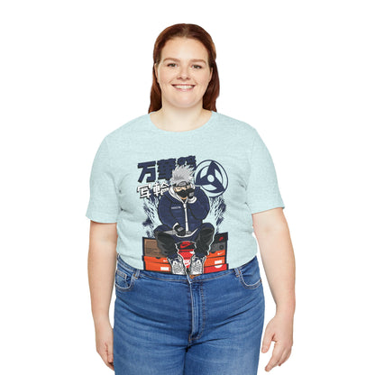 Anime Sneakerhead Tee — Sitting Character on Shoe Boxes with Japanese Text